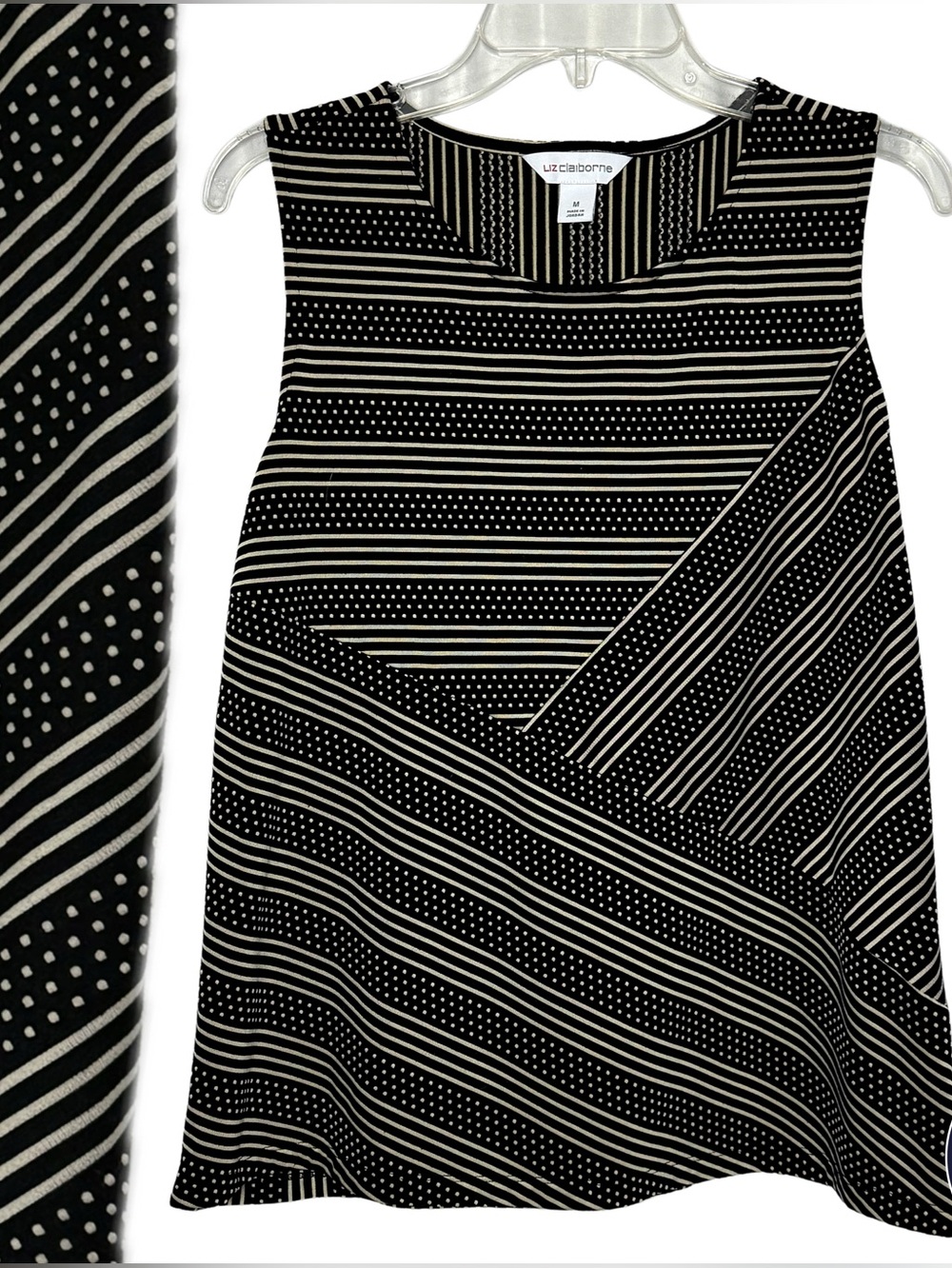 Liz Claiborne Sleeveless Blouse Tank Top Womens M Black Ivory Stripe Polka Dot